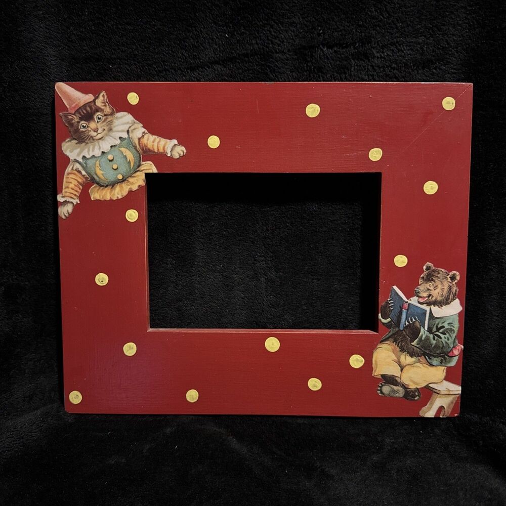Vintage 90s Circus Cat Bear Painted Red & Yellow Wooden Picture Frame 11.5X9.5"